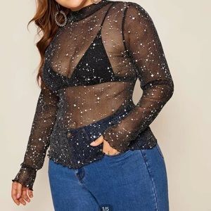 SHEIN plus mock neck lettuce trim sheer crop top